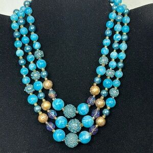 Japan Textured 3 Strand Vintage Blue Necklace